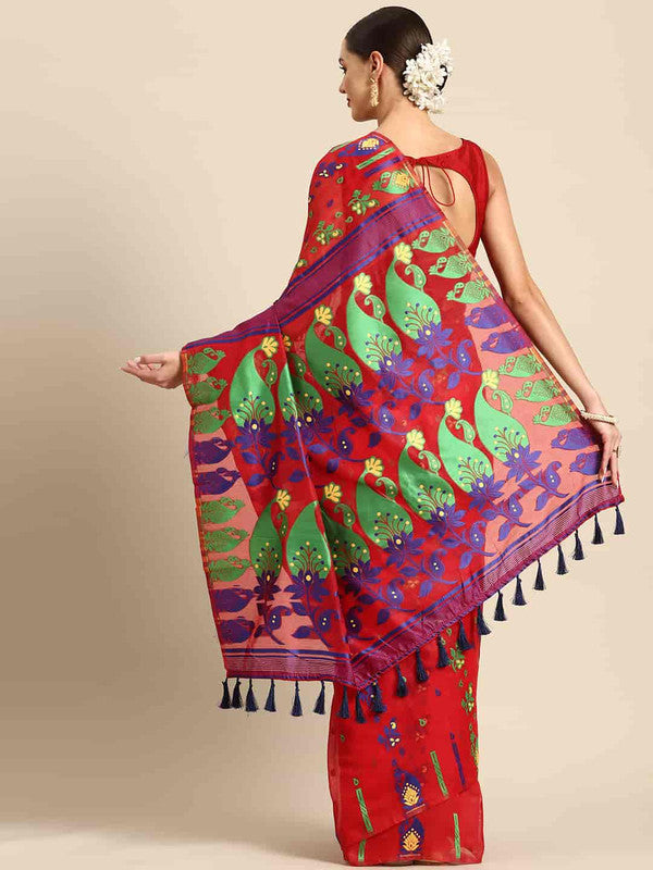 Red Pure Cotton Saree with Woven Zari Paisley Design