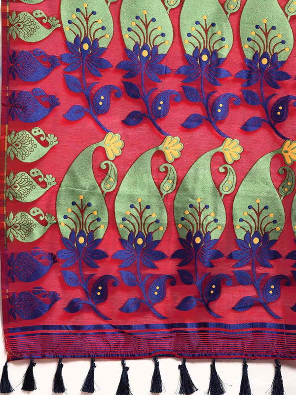 Red Pure Cotton Saree with Woven Zari Paisley Design