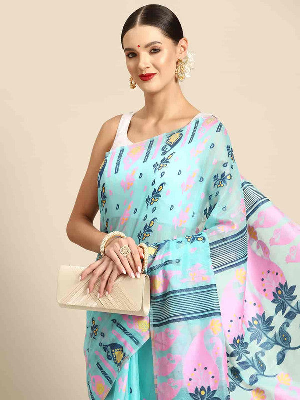 Turquoise pure cotton saree with woven zari paisley patterns