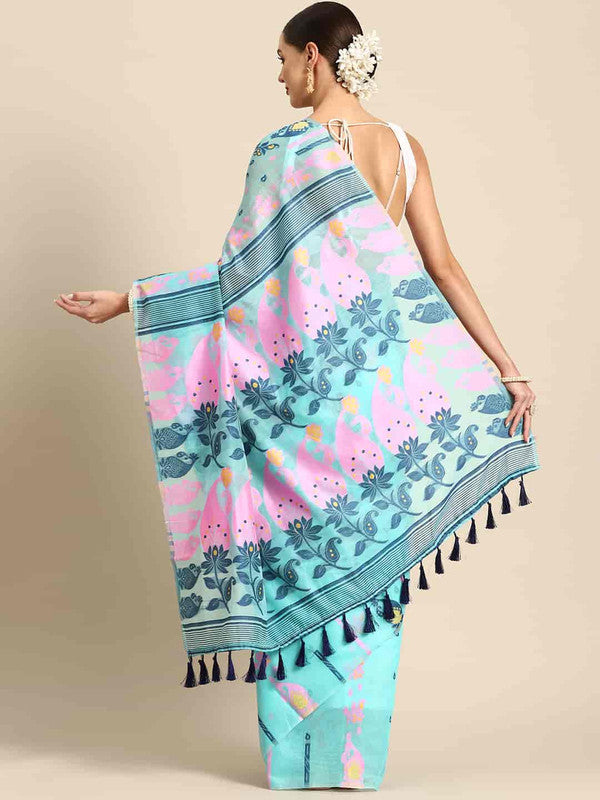 Turquoise Pure Cotton Woven Zari Paisley Saree with Blouse
