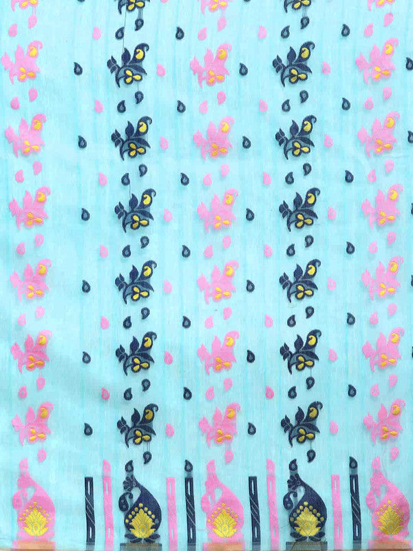 Turquoise Pure Cotton Woven Zari Paisley Saree with Blouse
