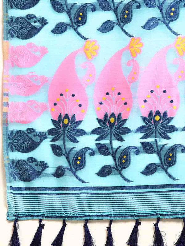 Turquoise Pure Cotton Woven Zari Paisley Saree with Blouse