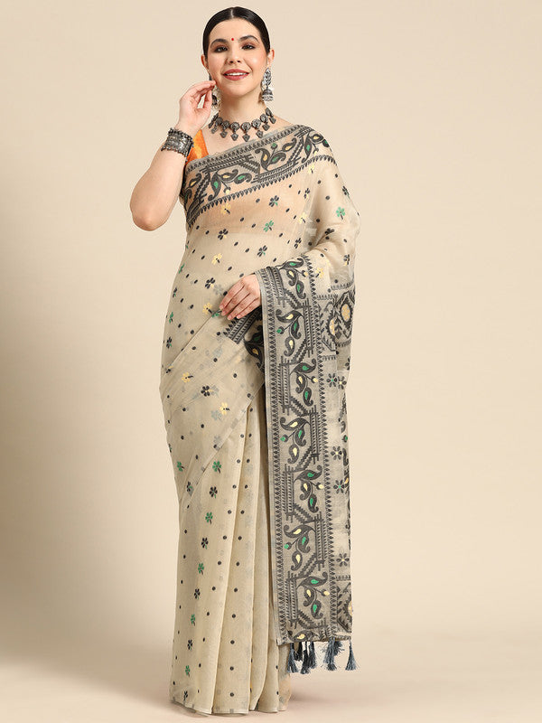 Black pure cotton saree featuring geometric woven Zari work and matching blouse
