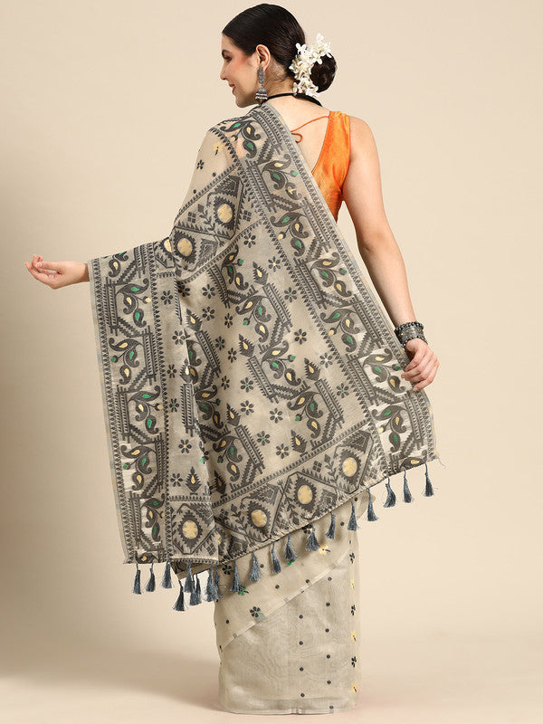 Black Pure Cotton Saree with Woven Geometric Zari Design
