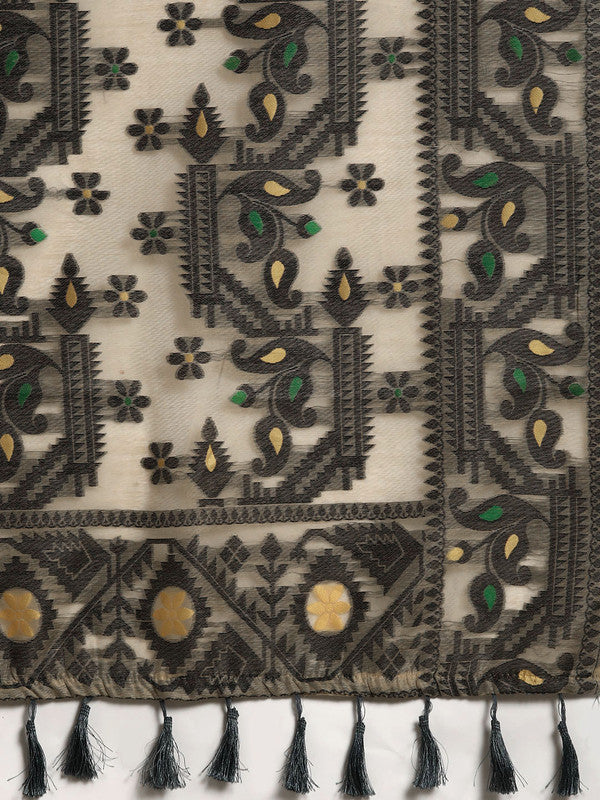 Black Pure Cotton Saree with Woven Geometric Zari Design