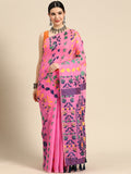 Pink pure cotton saree with woven zari floral patterns