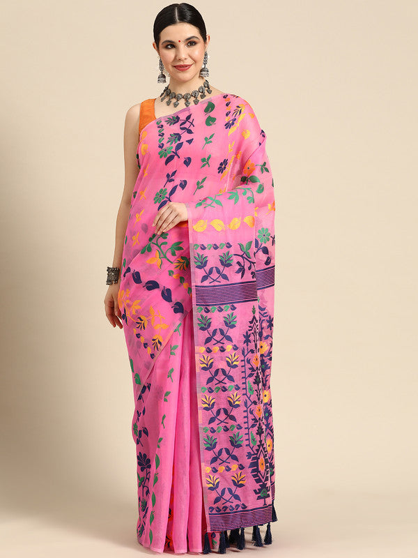 Pink pure cotton saree with woven zari floral patterns
