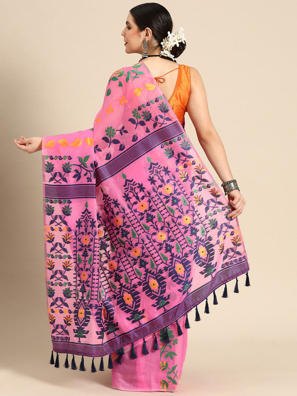 Pink Pure Cotton Floral Woven Zari Design Saree with Blouse