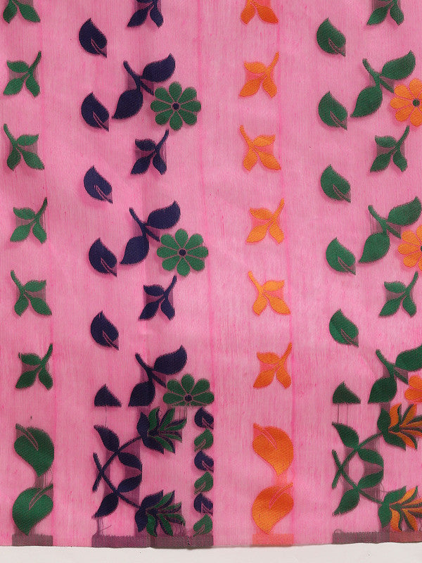 Pink Pure Cotton Floral Woven Zari Design Saree with Blouse