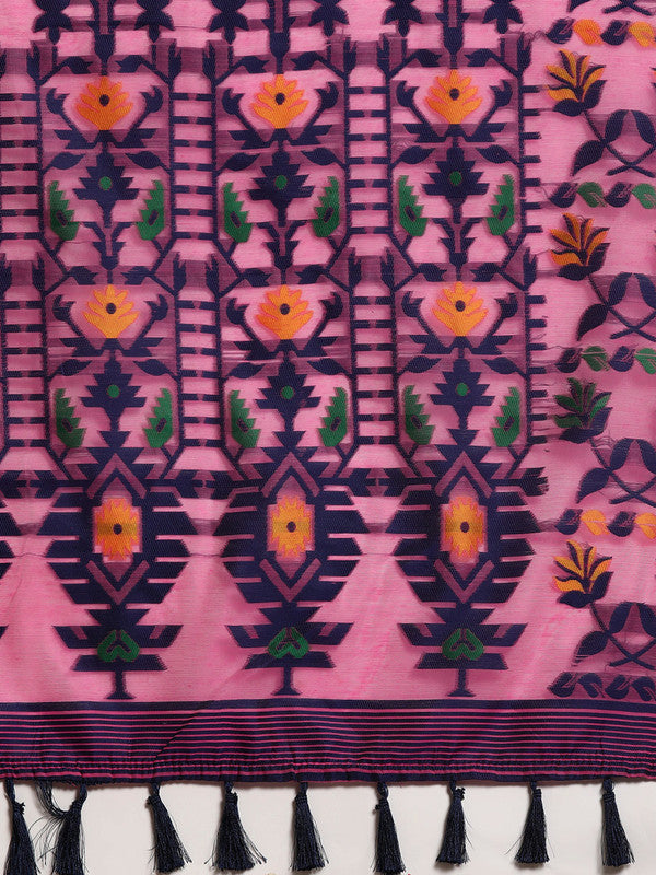 Pink Pure Cotton Floral Woven Zari Design Saree with Blouse