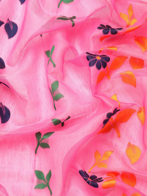 Pink Pure Cotton Floral Woven Zari Design Saree with Blouse