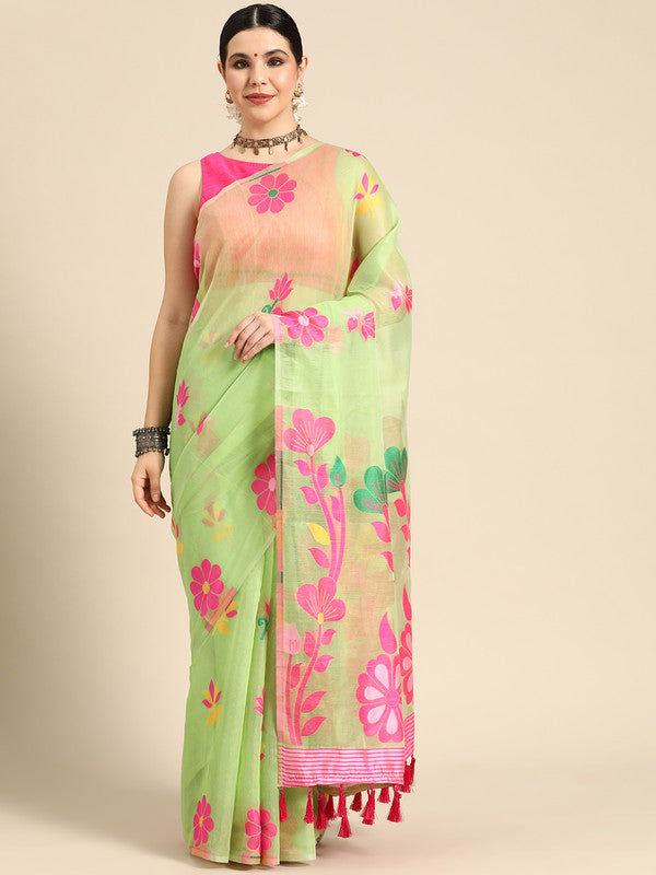 Green pure cotton saree featuring woven zari floral details and unstitched blouse