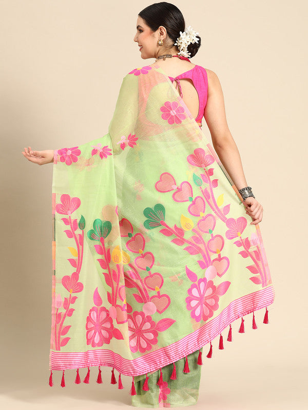 Green Pure Cotton Woven Zari Floral Saree & Blouse Piece