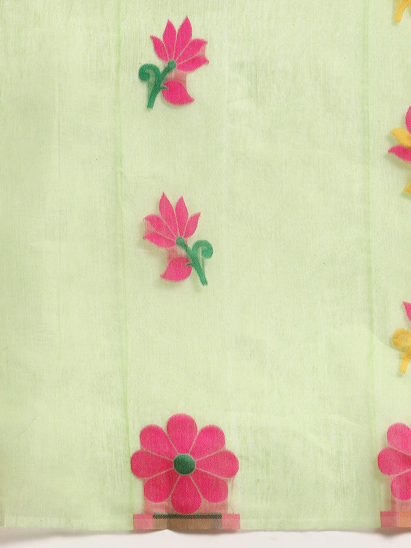 Green Pure Cotton Woven Zari Floral Saree & Blouse Piece