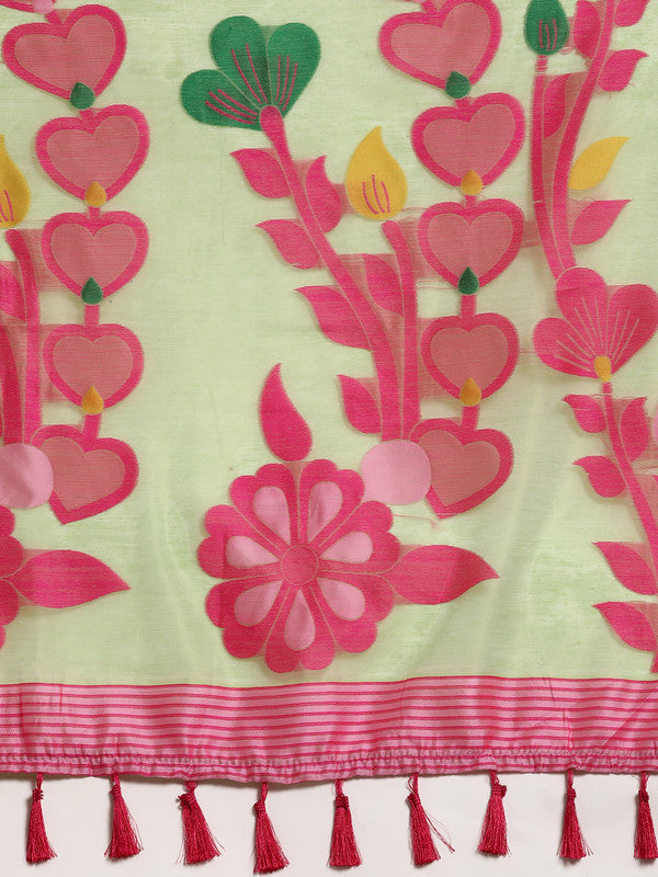 Green Pure Cotton Woven Zari Floral Saree & Blouse Piece