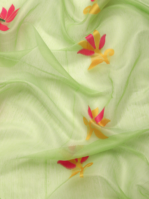 Green Pure Cotton Woven Zari Floral Saree & Blouse Piece