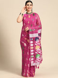 Beautiful magenta pure cotton saree with woven zari details and floral patterns, including an unstitched blouse.