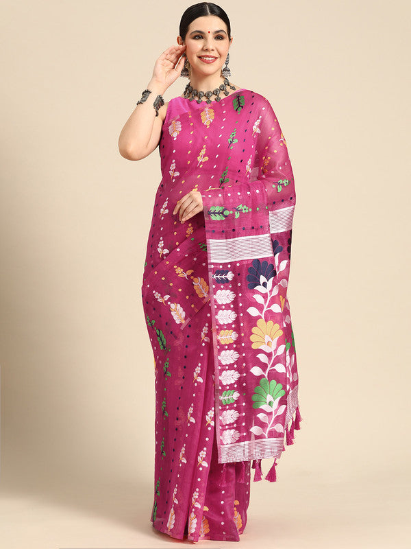 Beautiful magenta pure cotton saree with woven zari details and floral patterns, including an unstitched blouse.