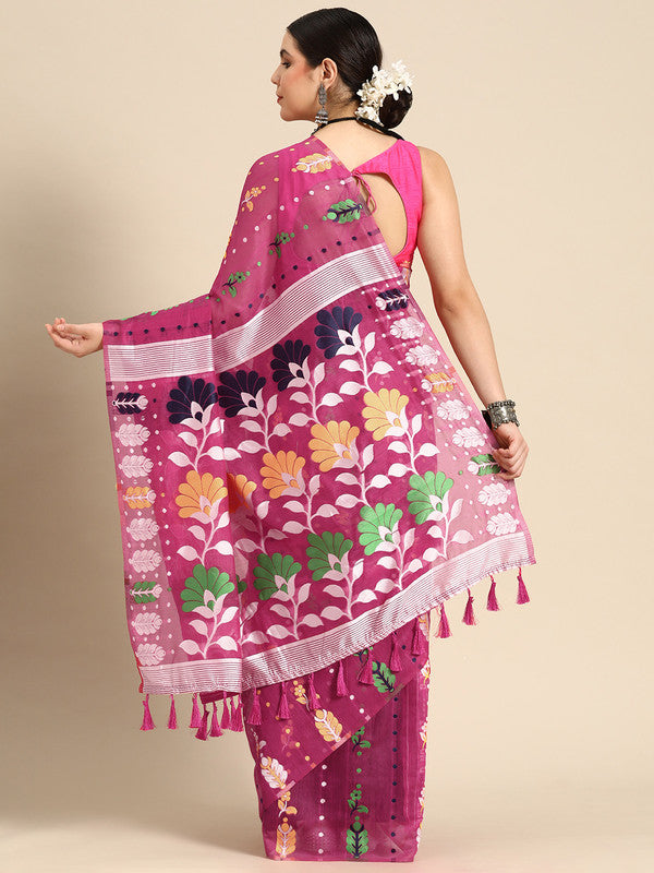 Magenta Pure Cotton Woven Zari Floral Saree with Blouse Piece
