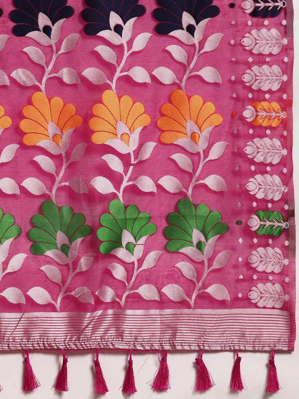 Magenta Pure Cotton Woven Zari Floral Saree with Blouse Piece
