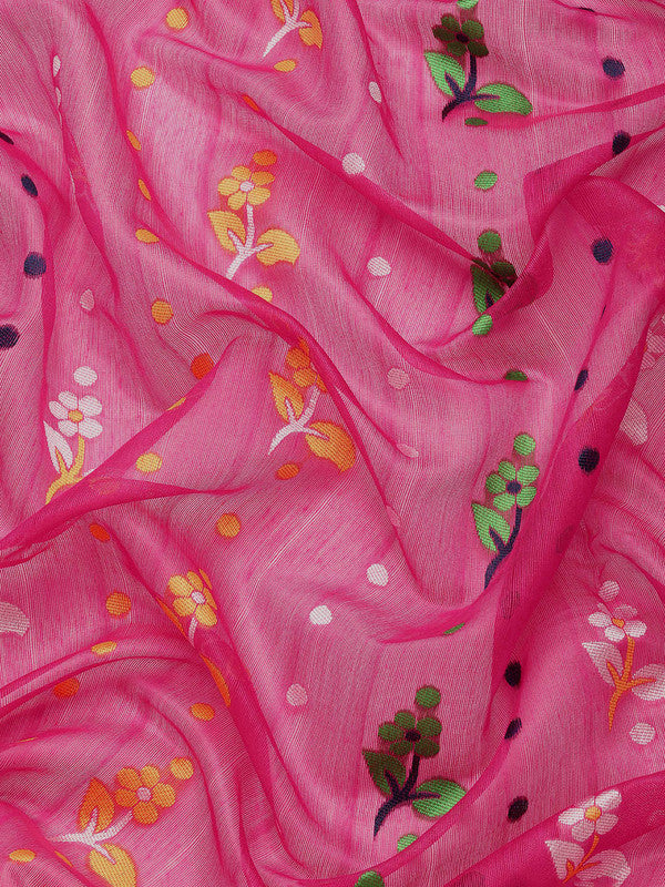Magenta Pure Cotton Woven Zari Floral Saree with Blouse Piece