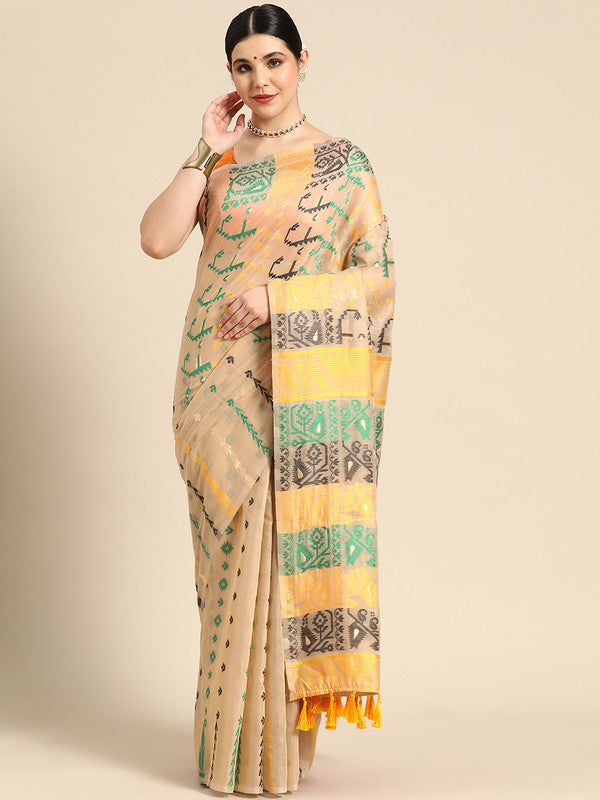Multicolor Pure Cotton Woven Zari Design Geomatric Saree with Unstitched Blouse - Hiral Fashion