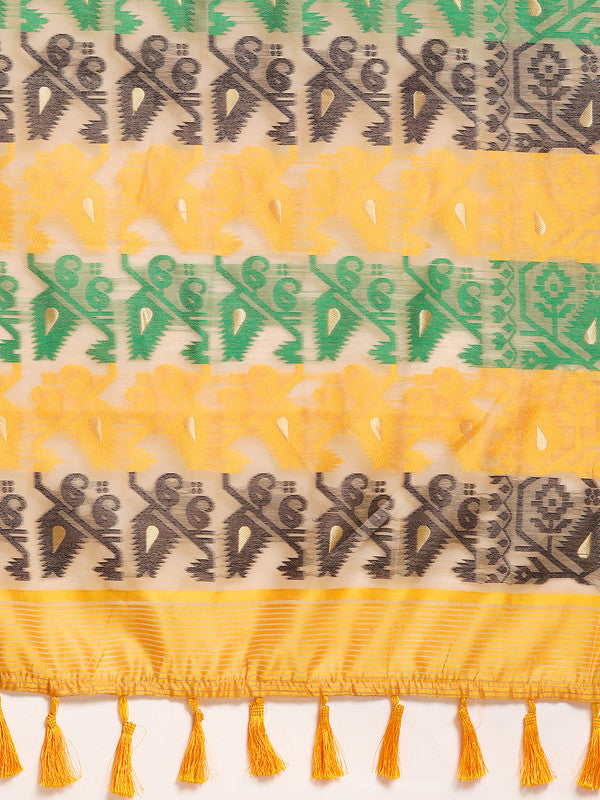 Multicolor Pure Cotton Woven Zari Design Geomatric Saree with Unstitched Blouse - Hiral Fashion