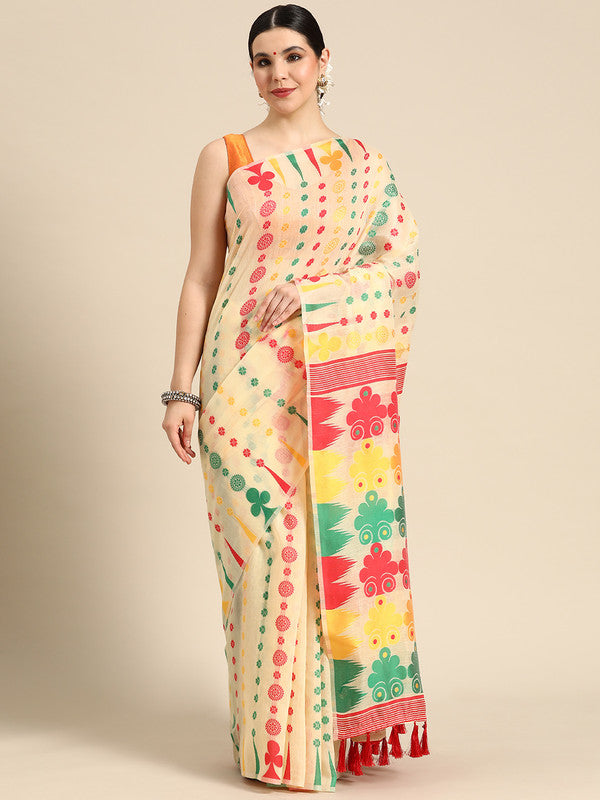 Beige pure cotton saree with floral patterns and woven zari border and blouse piece