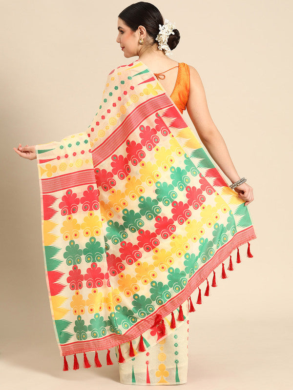 Beige Pure Cotton Floral Saree with Woven Zari and Blouse Piece