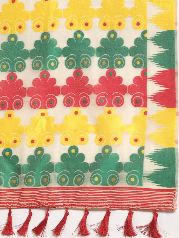 Beige Pure Cotton Floral Saree with Woven Zari and Blouse Piece