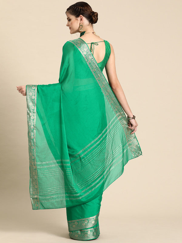 Green Pure Viscose Chinon Saree with Zari Woven Border & Blouse