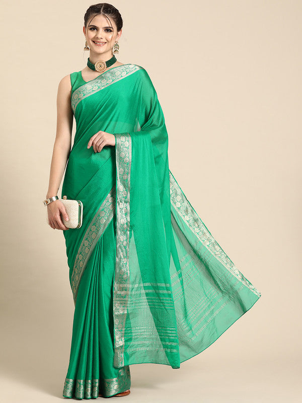 Stunning green pure viscose chinon saree with gold zari woven border and unstitched blouse piece.