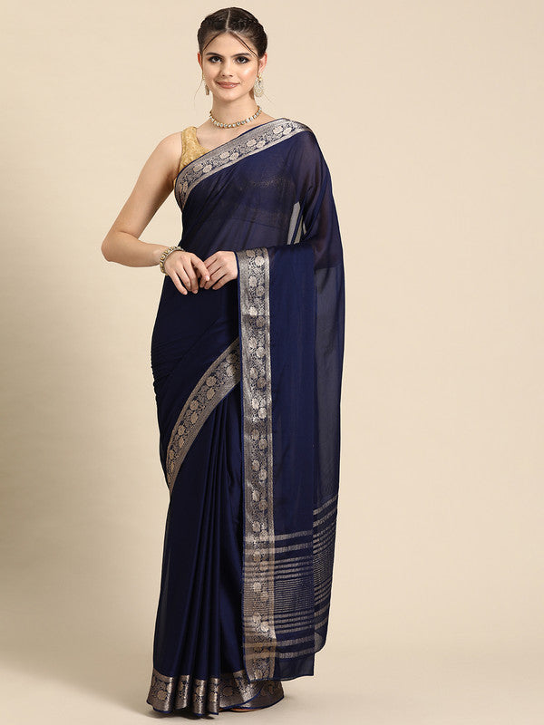 Navy blue viscose chinon solid saree with woven zari details and unstitched blouse piece