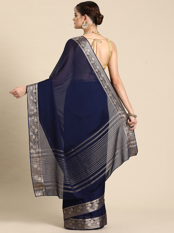 Navy Blue Solid Viscose Chinon Zari Woven Saree with Blouse