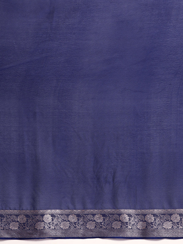 Navy Blue Solid Viscose Chinon Zari Woven Saree with Blouse