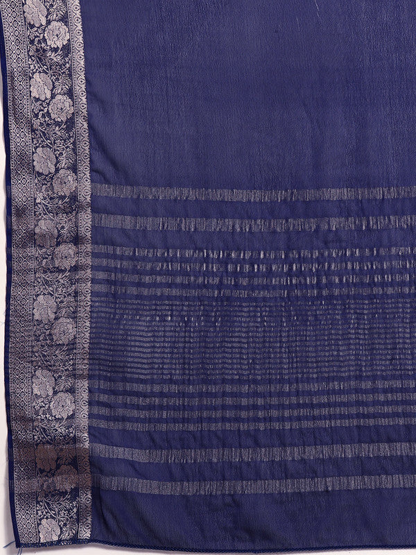 Navy Blue Solid Viscose Chinon Zari Woven Saree with Blouse