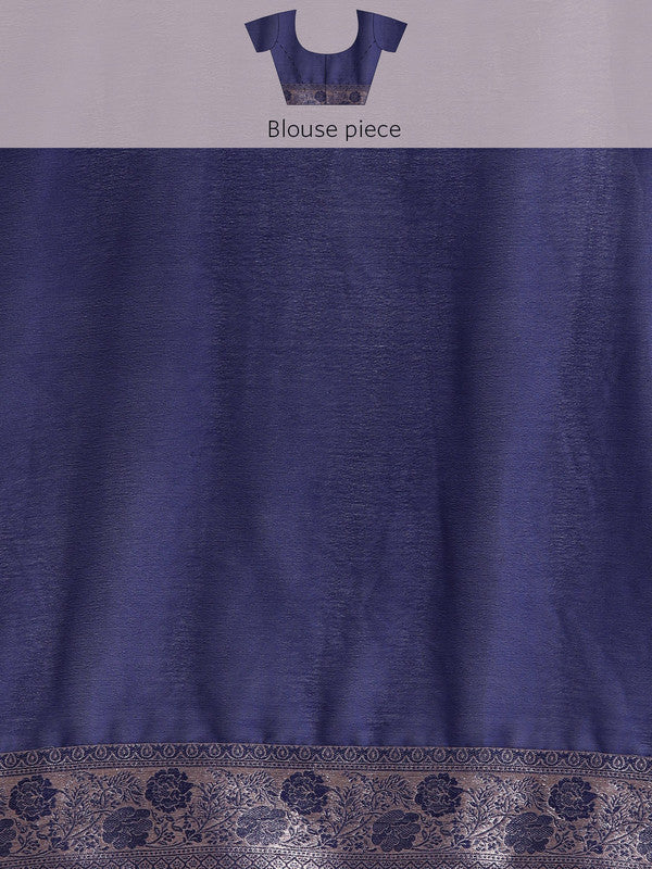 Navy Blue Solid Viscose Chinon Zari Woven Saree with Blouse