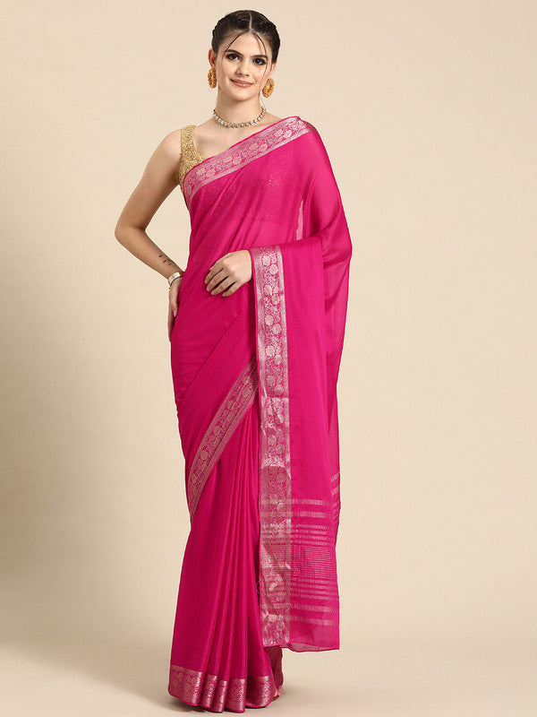 Pink Pure Viscose Chinon Zari Woven Solid Saree with Unstitched Blouse - Hiral Fashion