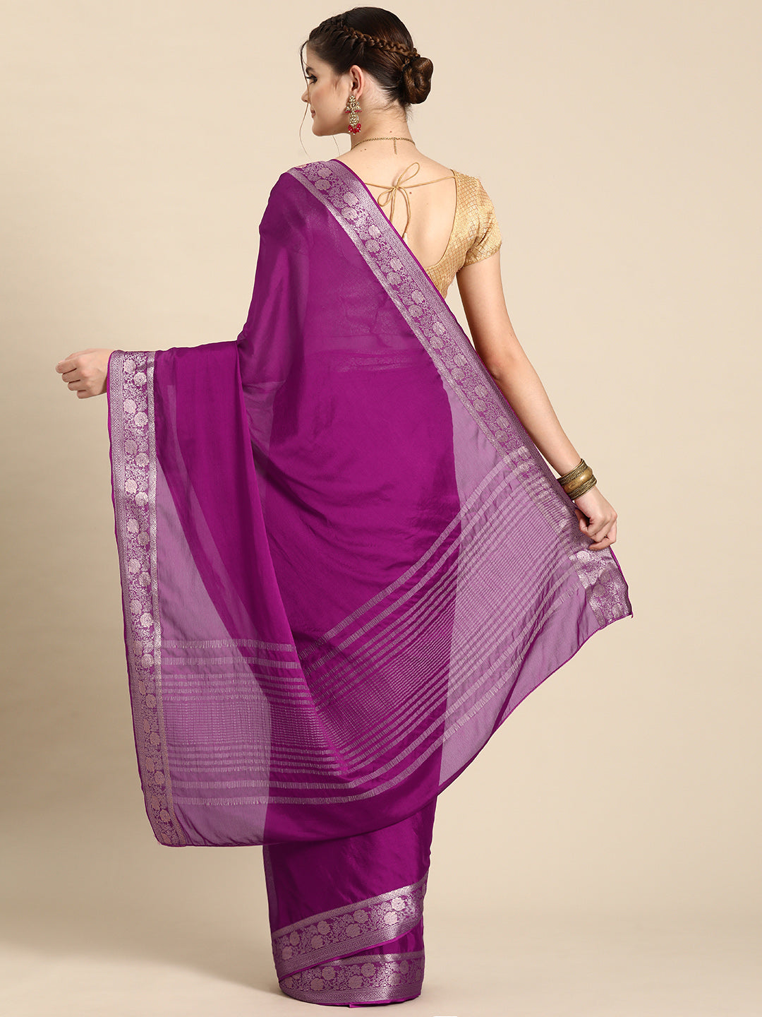 Purple Pure Viscose Chinon Zari Woven Solid Saree