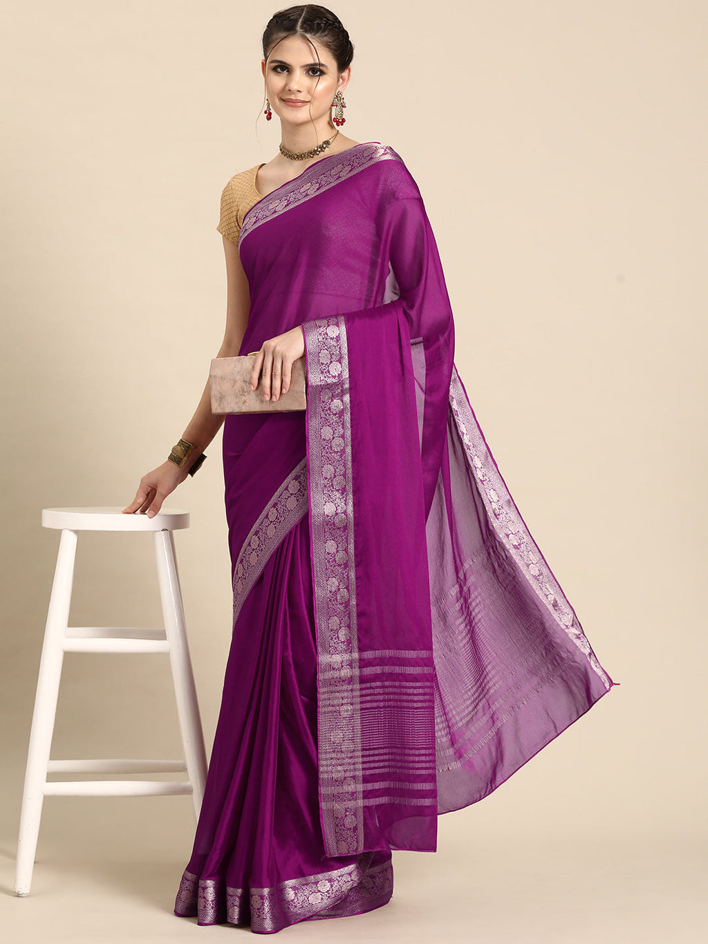 Purple viscose chinon saree with elegant zari weaving and matching unstitched blouse
