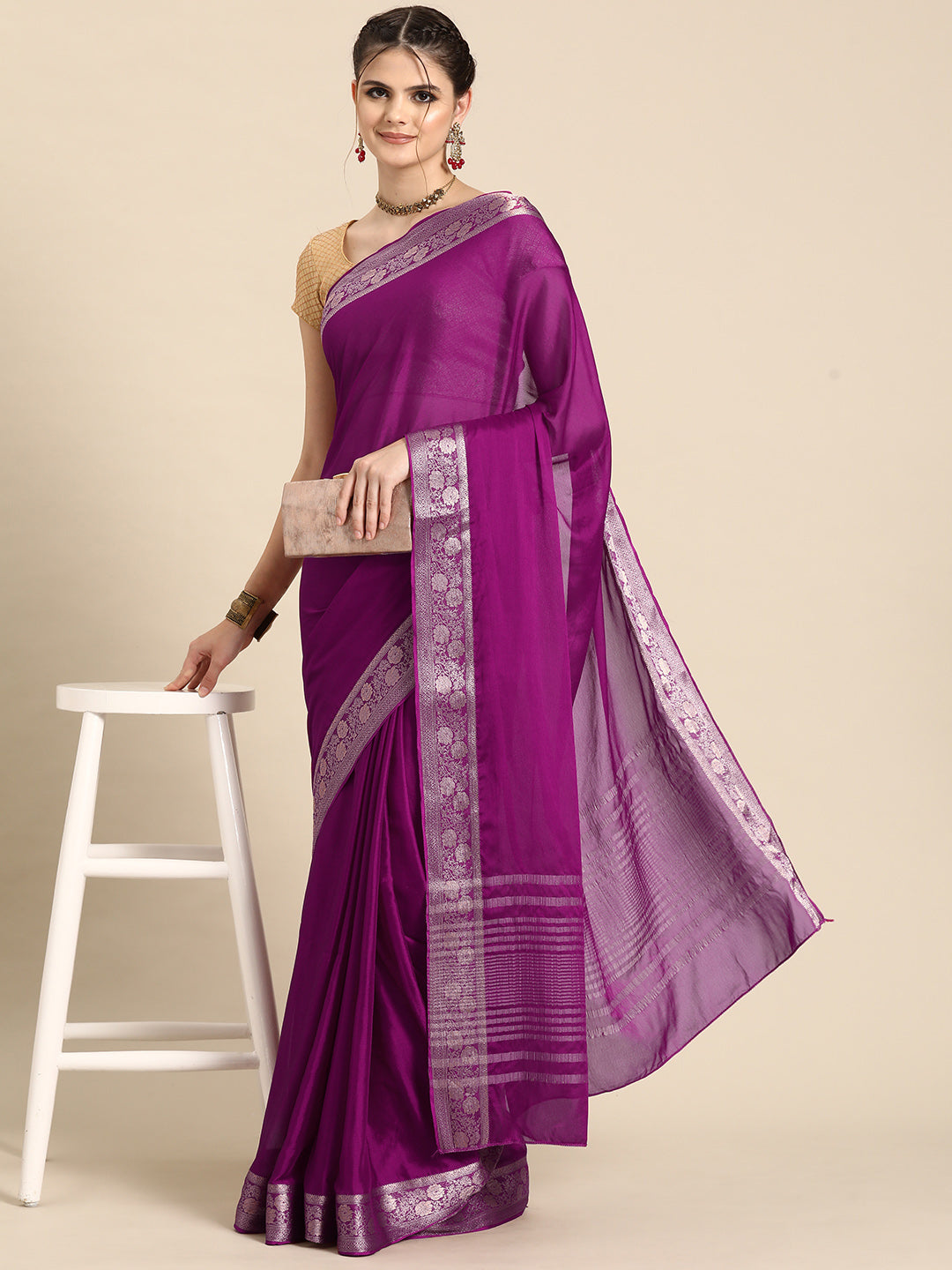 Purple viscose chinon saree with elegant zari weaving and matching unstitched blouse
