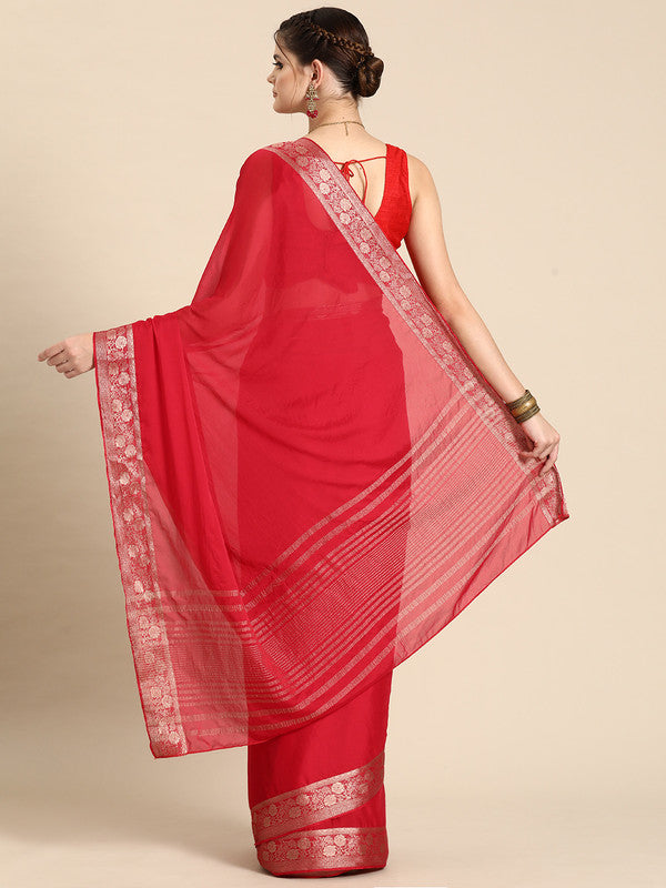 Red Pure Viscose Chinon Saree with Zari Weave & Unstitched Blouse