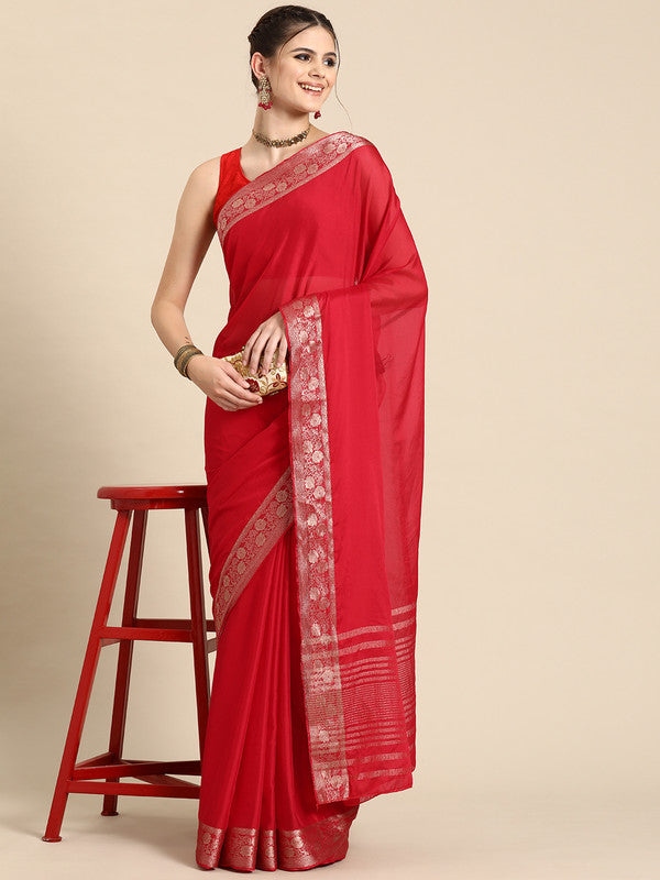 Red Pure Viscose Chinon saree with zari woven details and matching unstitched blouse