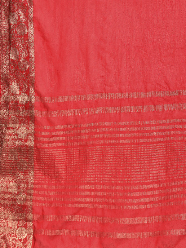 Red Pure Viscose Chinon Saree with Zari Weave & Unstitched Blouse