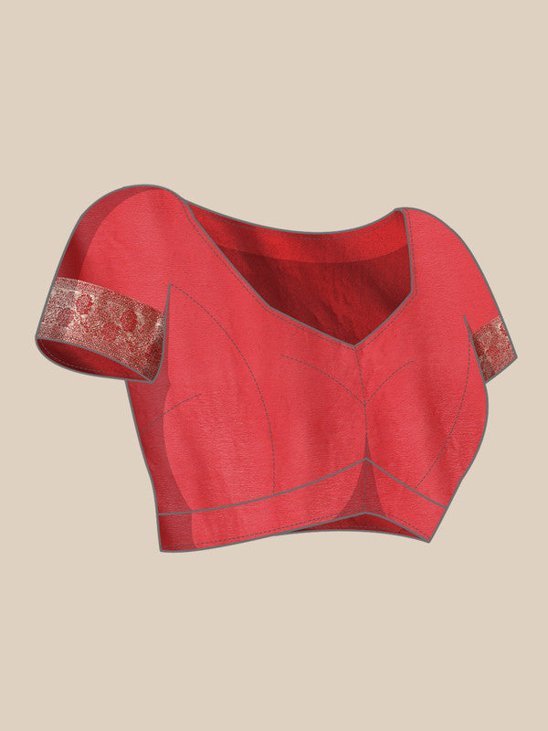 Red Pure Viscose Chinon Saree with Zari Weave & Unstitched Blouse