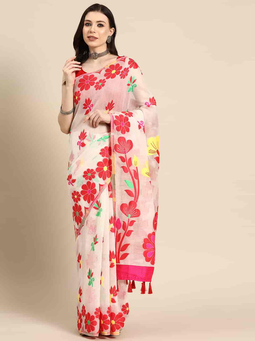 Off white pure cotton saree with woven zari floral design and unstitched blouse
