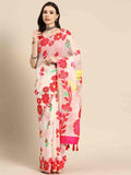 Off white pure cotton saree with woven zari floral design and unstitched blouse