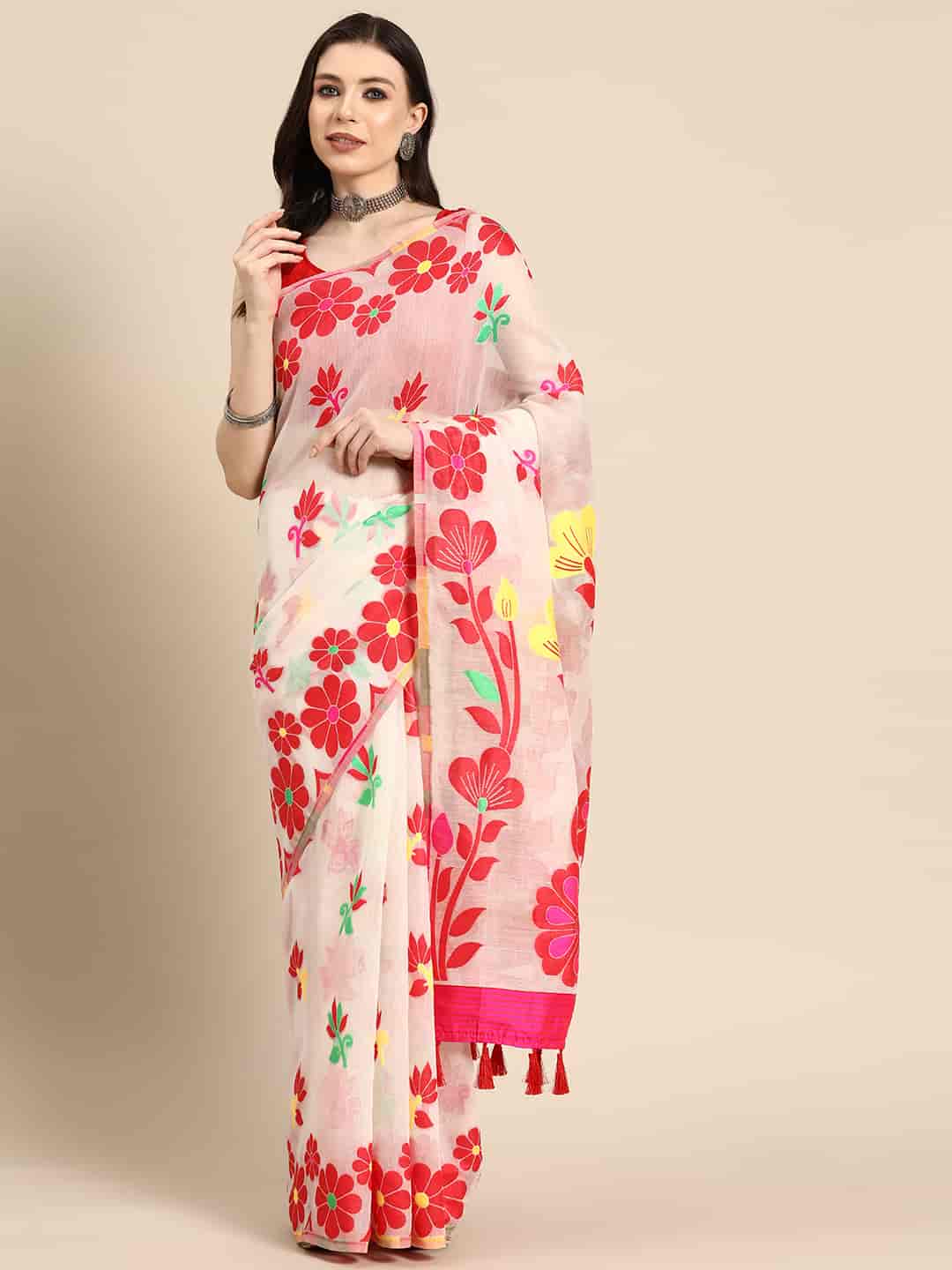 Off white pure cotton saree with woven zari floral design and unstitched blouse