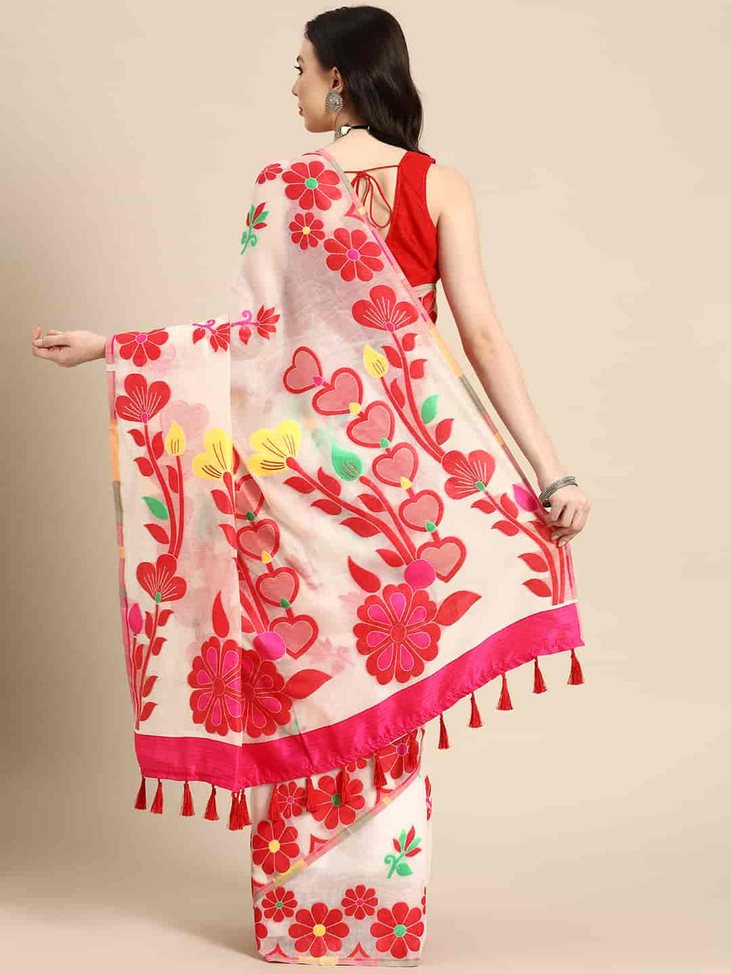 Off White Pure Cotton Zari Design Floral Saree with Blouse