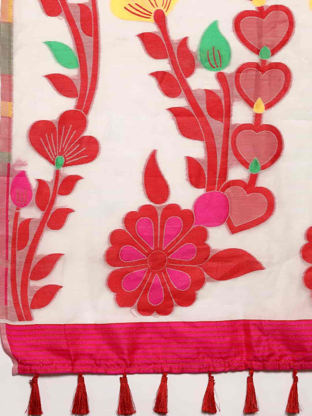 Off White Pure Cotton Zari Design Floral Saree with Blouse
